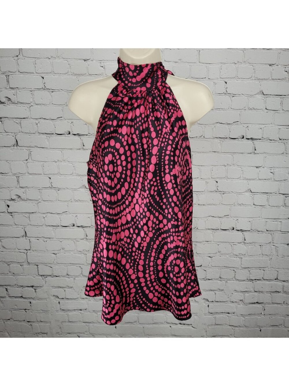 INC Black Pink 100% Silk Dots Sleeveless High Neck Tie Lined Top Blouse 14